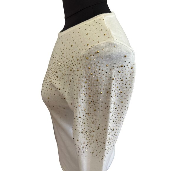 Carmen Marc Valvo Long Sleeve Ivory Sweater With Gold Stud Detailing Size M - Picture 3 of 8